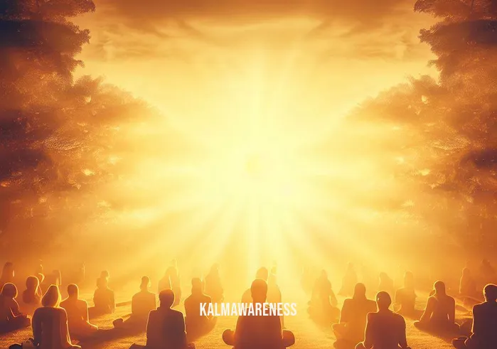 1 hour guided meditation _ Image: A warm sunset over the park, casting a golden glow on meditators who now wear peaceful smiles.Image description: The guided meditation has led to a collective sense of inner harmony as the day transitions to evening.
