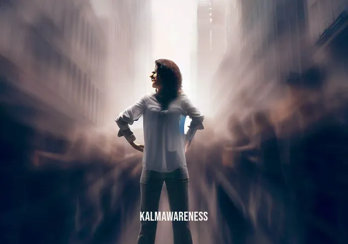 30 minute guided meditation _ Image: The woman standing up, reinvigorated, and confidently navigating the busy city streets with a sense of inner calm.Image description: The woman, now composed and determined, steps back into the bustling city, walking with newfound confidence and composure amidst the chaos.