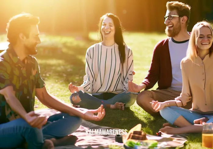 umass meditation _ Image: A group of students enjoying a sunny day outdoors, laughing, and sharing a picnic meal together.Image description: They have successfully found balance and harmony through meditation, now connecting and enjoying each other's company in a stress-free environment.