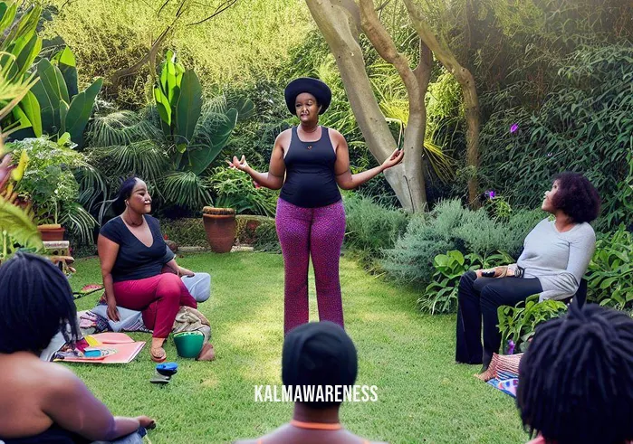 black woman meditation _ Image: Finally, she stands tall and empowered, leading a meditation session for a diverse group of women in a tranquil garden, sharing the serenity she discovered on her journey.Image description: As a guide and mentor, the black woman spreads the gift of meditation, helping others find their own path to inner peace and self-discovery.