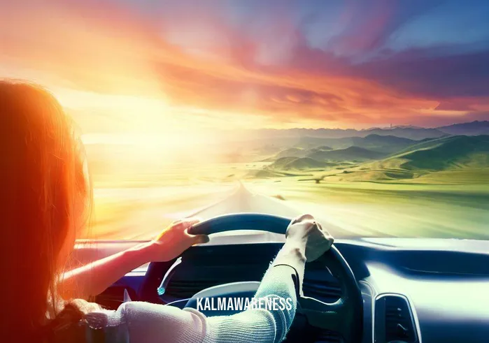 car meditation _ Image: A car driving on an open highway with a panoramic view of rolling hills and a vibrant sunset.Image description: The woman behind the wheel, radiating calmness, enjoying the journey as she continues her mindful driving practice.