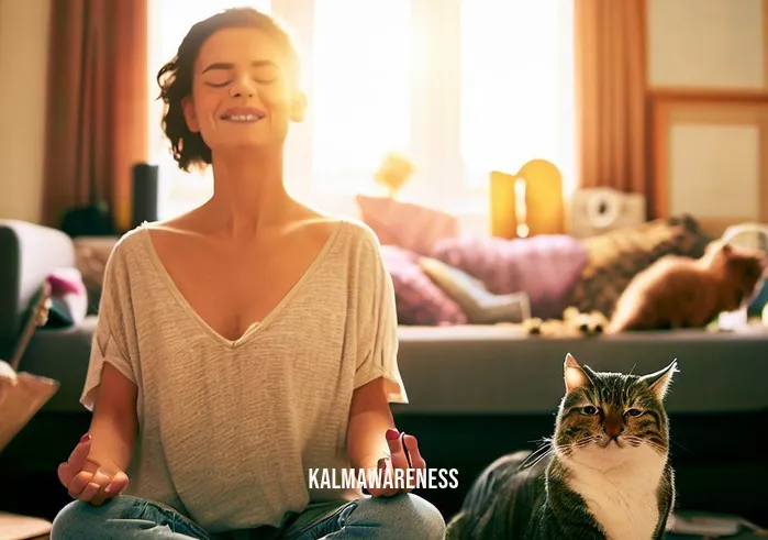 cat meditation _ Image: The cat owner and her contented cat bask in the calm they've found through meditation. The room is now a haven of serenity, a testament to their journey from chaos to harmony.Image description: With smiles of contentment, the cat owner and her cat enjoy the newfound peace in their transformed living room. The previously chaotic space has become a symbol of their journey towards tranquility through meditation.