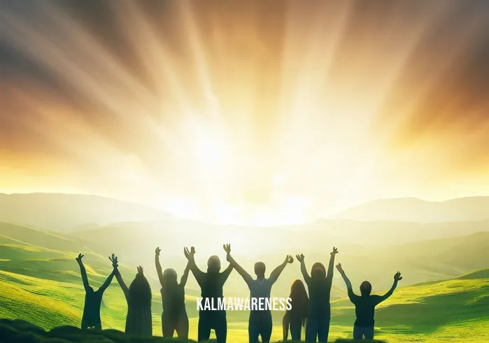 celtic guided meditation _ Image: A bright dawn breaking over rolling green hills.Image description: The group, standing together, arms raised in gratitude and unity, having found inner peace through Celtic guided meditation.