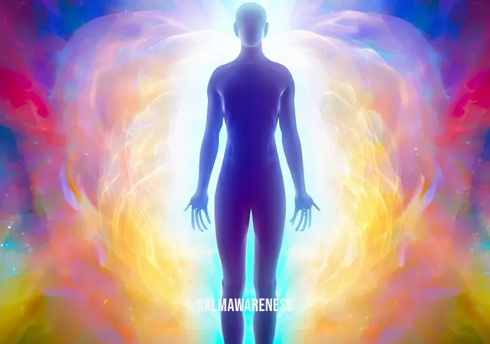chakra healing meditation and guided visualization _ Image: The person stands tall and confident, surrounded by a vibrant, harmonious energy, having successfully resolved their inner turmoil through chakra healing meditation. Image description: Standing tall and confident, the person is surrounded by vibrant, harmonious energy, having successfully resolved their inner turmoil through chakra healing meditation.