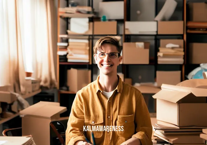 clearing energy meditation _ Image: The person back in the now-organized room, smiling and calmly working amidst the neatness. Image description: They have returned to the room, now organized and focused, feeling refreshed and in control.
