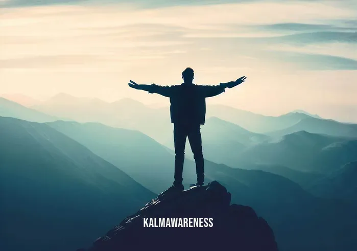 codependency meditation _ Image: A person standing alone on a mountaintop, arms outstretched, embracing the freedom and self-reliance.Image description: A triumphant figure stands alone atop a majestic mountain peak, arms outstretched wide, symbolizing the freedom and self-reliance achieved through meditation and breaking the bonds of codependency.
