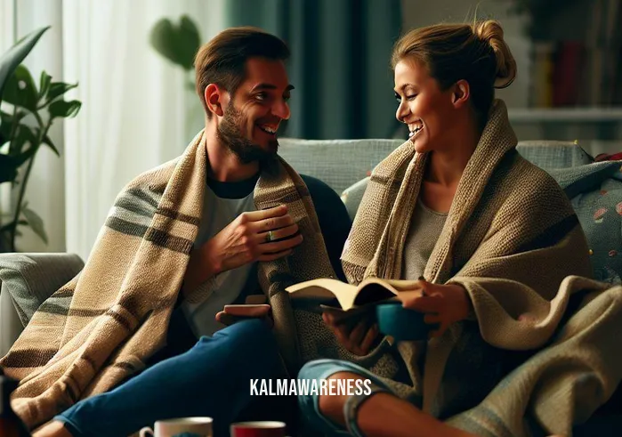 codependent meditation _ Image: A cozy living room with the couple sharing a book, wrapped in a blanket, and sipping tea. Their devices sit untouched, and their faces radiate contentment and harmony.Image description: The couple is now peacefully coexisting, enjoying shared activities and nurturing their individual well-being. The transformation from codependency to a healthier relationship is evident in their serene demeanor.