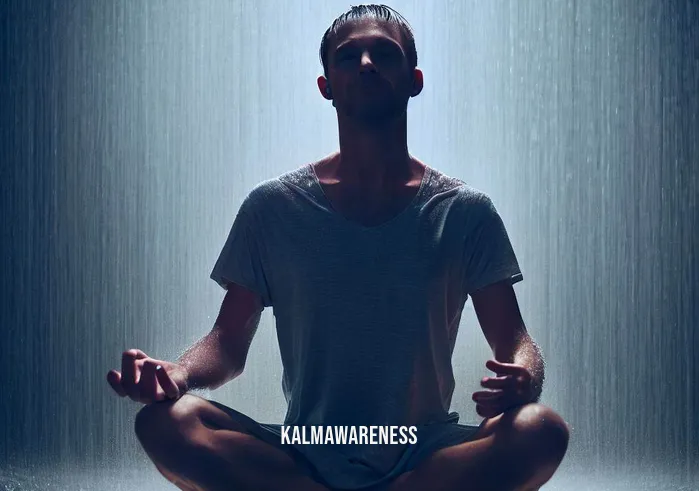 cold shower meditation _ Image: The individual sits cross-legged on a yoga mat, still in a state of calm. They hold their hands in a meditative pose, completely at peace.Image description: Surrounded by a serene ambiance, they have successfully transformed their cold shower into a meditation practice, finding balance and inner harmony.