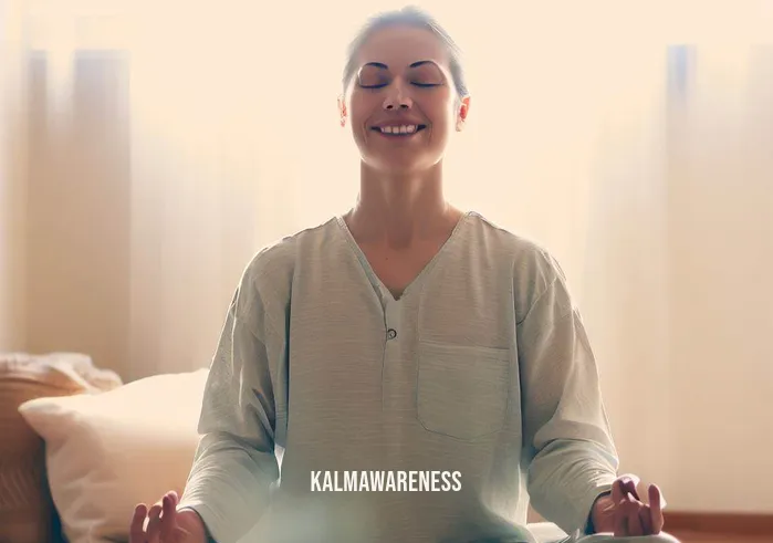 how should you feel after meditation _ Image: The person, eyes closed and smiling, meditating in a simple, tidy home environment with soft lighting.Image description: Returning home, the meditator sits in a clean and cozy environment, a serene smile gracing their face as they experience inner peace, their meditation journey leading to a harmonious balance within.