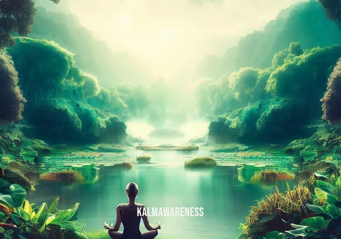 concentrative meditation _ Image: A picturesque natural landscape with a serene lake, lush greenery, and a meditator in the lotus position, completely at peace.Image description: A person achieving the ultimate state of concentrative meditation, finding harmony with the idyllic natural environment, and inner tranquility.