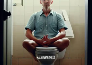 constipation meditation _ Image: The same person from the first image, now sits comfortably on the toilet, looking relaxed and relieved.Image description: Back in the familiar bathroom, the same person from the first image now sits on the toilet, but with a serene and relieved expression. Their previous discomfort has transformed into a sense of ease and relief, a testament to the power of constipation meditation.