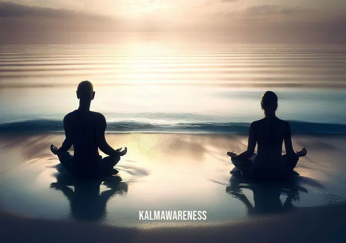 couple meditation _ Image: A tranquil beach at sunrise, the couple practices meditation in a lotus position. The waves gently kiss the shore, mirroring their inner serenity.