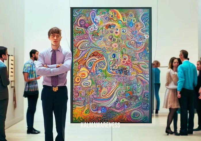 creative silence _ Image: The employee proudly displays a completed artwork in a gallery. The piece reflects the journey from chaos to creative silence, with vibrant colors and intricate details. Visitors admire the artwork, and the artist stands content with their accomplishment.Image description: The artist stands next to their artwork, radiating a sense of accomplishment and peace. The gallery is filled with admirers, all experiencing the power of creative silence through the artistry on display.