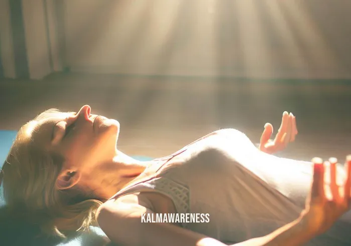 daily meditations for moms _ Image: A mom lying on a yoga mat, practicing deep breathing exercises in a sunlit room, feeling re-energized and centered.Image description: Self-care in motion as the mom rejuvenates through meditation and yoga, restoring balance and inner peace.