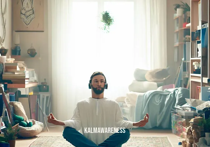 detox meditation _ Image: The once cluttered space is now serene and well-organized, with the person radiating a sense of calm and clarity. Image description: The room radiates serenity, meticulously arranged, while the person exudes inner peace and clarity.