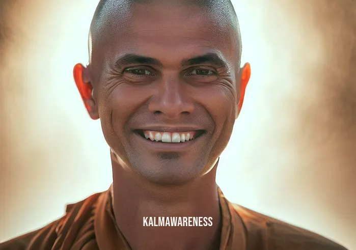 dhammasukha _ Image: A close-up of a smiling practitioner, radiating inner peace, showcasing the transformation from turmoil to serenity.Image description: One of the practitioners now embodies Dhammasukha, radiating joy and contentment as a testament to the transformative power of meditation.