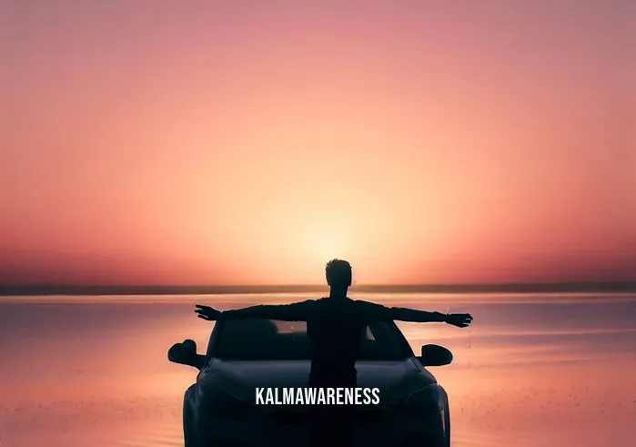 driving meditation _ Image: A peaceful sunset over the horizon, the car parked by the shore, as the driver stands nearby, embracing the serenity.Image description: A breathtaking sunset by the water, the car parked, the driver outside, arms outstretched, basking in the tranquil moment.