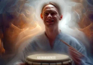 drumming meditation _ Image: The person, now with a contented smile, fully absorbed in drumming meditation, surrounded by a harmonious atmosphere. Image description: The person wears a contented smile, completely absorbed in their drumming meditation, enveloped in a harmonious atmosphere.