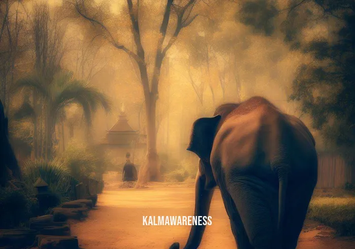 elephant meditation _ Image: The once-anxious elephant, now at peace, gracefully walks away from the park, leaving behind a tranquil sanctuary for all to enjoy.Image description: With newfound peace, the elephant gracefully departs from the park, leaving behind a tranquil sanctuary where people continue to meditate and connect with nature.