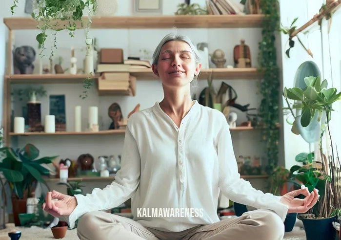 embodiment meditation _ Image: A contented person, with a smile on their face, in a beautifully organized and clutter-free room, engaging in mindfulness practices surrounded by plants and calming decor.Image description: Achieving a sense of inner harmony and balance through embodiment meditation, the individual now enjoys a clutter-free and peaceful environment.