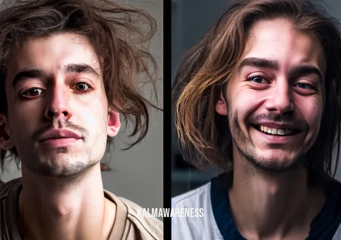 equanimity meditation _ Image: A before-and-after shot of a disheveled, sleep-deprived individual and then the same person, well-rested and smiling.Image description: A person transitioning from sleepless nights to a state of tranquility through equanimity meditation.