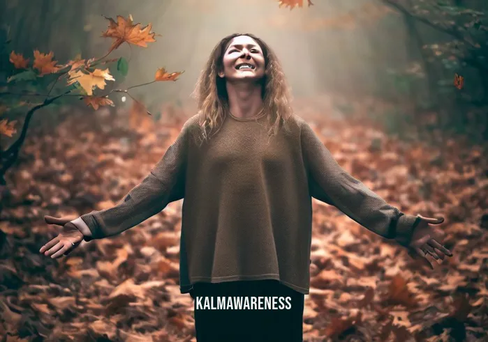 fall equinox meditation script _ Image: The person is now standing among fallen leaves, smiling, and radiating a sense of contentment. They have successfully resolved their inner turmoil and embraced the essence of the season.Image description: With a transformed perspective, they welcome the fall equinox with a renewed sense of clarity and calm.