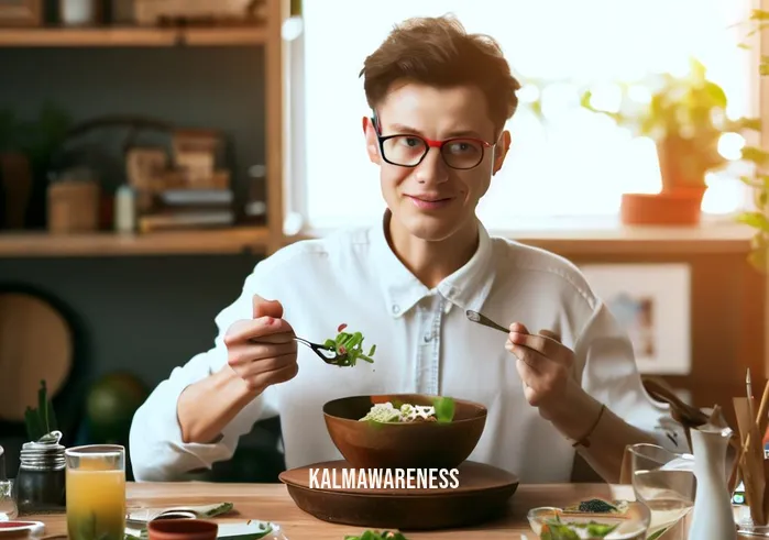 fasting and meditation _ Image: A person enjoying a healthy meal, surrounded by a clutter-free workspace, radiating a sense of calm and focus.Image description: A person relishing a nutritious meal in a tidy workspace, exuding a sense of calm and increased productivity.