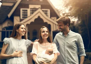 fertility meditation _ Image: A happy family, including the woman, her partner, and their newborn baby, stands in front of their cozy home, symbolizing a fulfilled and harmonious life.Image description: In front of a charming, cozy home, a happy family stands. The woman, her partner, and their newborn baby together signify a journey from stress and fertility struggles to a harmonious, fulfilled life.