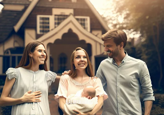 fertility meditation _ Image: A happy family, including the woman, her partner, and their newborn baby, stands in front of their cozy home, symbolizing a fulfilled and harmonious life.Image description: In front of a charming, cozy home, a happy family stands. The woman, her partner, and their newborn baby together signify a journey from stress and fertility struggles to a harmonious, fulfilled life.