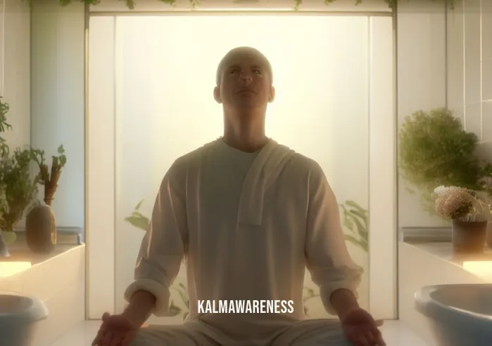 flushing meditation _ Image: The person now meditates peacefully, surrounded by the serene bathroom environment, wearing a serene expression on their face.Image description: The person now meditates peacefully in the transformed bathroom. Their expression is serene and calm, reflecting the peaceful environment that surrounds them.