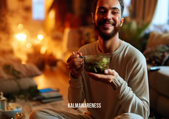 focused relaxation _ Image: A smiling individual in a cozy, clutter-free home environment, sipping herbal tea and looking content.Image description: A cozy living room with warm lighting and tasteful decor. An individual sits comfortably, holding a cup of herbal tea, a genuine smile on their face, symbolizing a sense of contentment and relaxation.