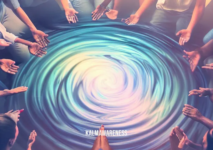 forgiveness meditation _ Image: A group of diverse individuals come together, practicing forgiveness meditation, radiating harmony and unity. Image description: The ripple effect of forgiveness spreads, fostering understanding and compassion among all.