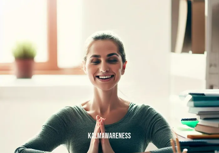 metitate _ Image: A person with a relaxed and content expression, smiling as they peacefully work at a tidy and organized desk.Image description: A person sitting at a clean, organized desk, a relaxed and content expression on their face, as they work with a smile, embodying the resolution of stress through meditation and order.