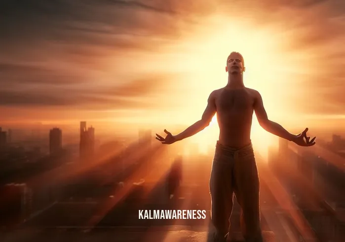 obstacles to meditation _ Image: The meditator has returned to the city but now stands on a rooftop with a panoramic view of the skyline at sunset. They radiate a profound sense of peace and clarity, having conquered the obstacles to meditation.Image description: A triumphant meditator on a rooftop, bathed in the warm glow of the setting sun, embodying the resolution of their inner struggles and finding serenity in the midst of urban chaos.