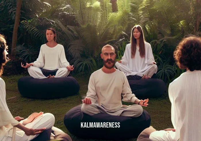 how to sit on zafu _ Image: A group of people, all sitting on zafu cushions, meditate peacefully in a circle, surrounded by nature, showcasing a harmonious and centered atmosphere.Image description: In the fifth and final image, a group of individuals meditates together, having mastered the art of sitting on zafu cushions, embodying tranquility and unity in their practice.