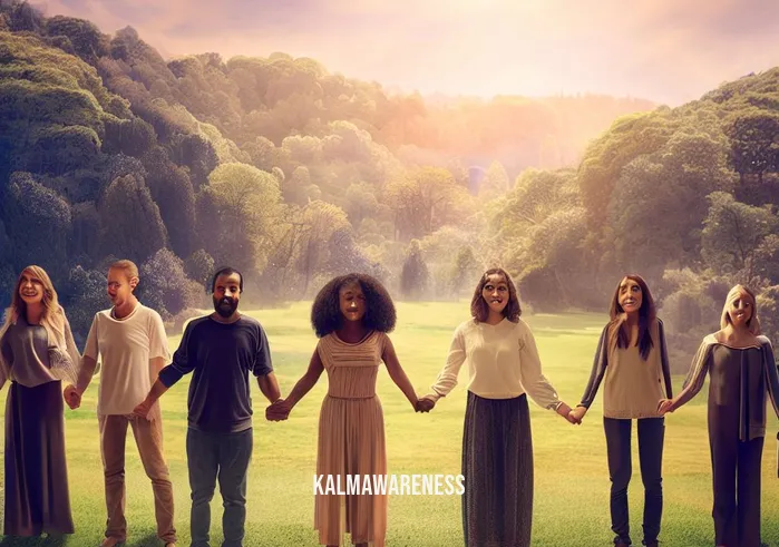 absolute peace _ Image: A circle of individuals from different backgrounds holding hands, their faces displaying smiles and contentment, surrounded by a harmonious natural landscape.Image description: In this final image, a diverse group of people stands in unity, symbolizing reconciliation and absolute peace. The serene natural surroundings reflect their newfound harmony and inner tranquility.