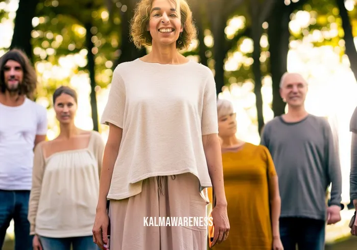 10 minute positive meditation _ Image: The same woman now stands tall, surrounded by the group, all smiling, as they disperse from the meditation session.Image description: The woman, now standing tall and confident, is surrounded by the group of people who have completed their meditation session. They all wear smiles of contentment as they disperse, leaving the park with a sense of inner peace and positivity.