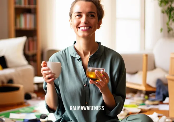 20 minute guided meditation for anxiety _ Image: A content and smiling person, post-meditation, in a clutter-free and tidy living room, sipping a calming herbal tea.Image description: The person, now content and smiling, enjoys a cup of calming herbal tea in a tidy living room, free from the earlier chaos, having successfully managed their anxiety through the guided meditation session.