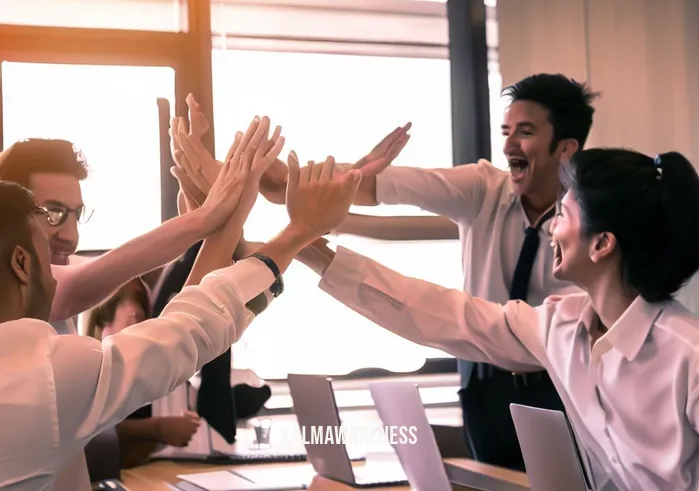 at the present _ Image: A triumphant team celebrating with high-fives in the same conference room. Image description: Smiles and relief as the project is successfully completed, mission accomplished.
