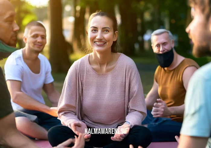 breathing into your balls _ Image: The same group, now smiling and content, engaging in a lively discussion while sitting together on the yoga mats.Image description: The group of people in the park, now smiling and chatting, having found relief and relaxation through mindful breathing exercises.