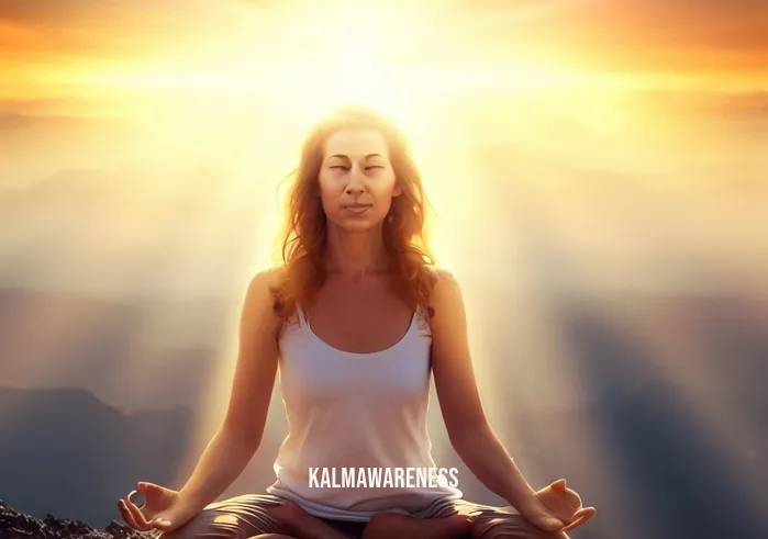 girl meditating _ Image: Finally, the girl sits in a lotus position on a mountaintop, overlooking a breathtaking sunrise. Her face beams with enlightenment and serenity, embodying the culmination of her meditation journey.Image description: As the sun's rays bathe her in a warm, golden glow, she embodies a sense of inner bliss and complete oneness with the universe. Her transformation from chaos to inner peace is complete.