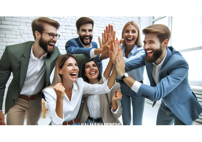 laurie cameron _ Image: Laurie Cameron and her team celebrating their successful project completion with smiles and a high-five.Image description: Joyful team members celebrating their accomplishments after resolving their initial challenges with mindfulness.