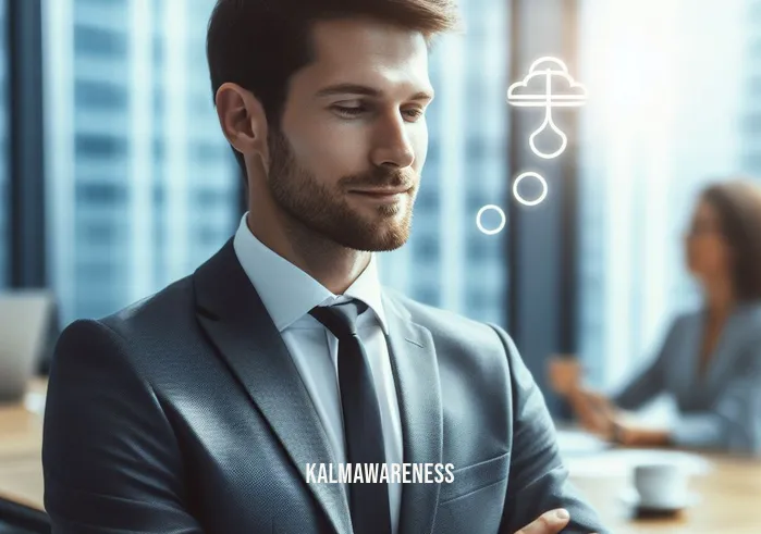 careers in mindfulness _ Image: An individual in a corporate office, confidently and calmly making decisions with a clear mind.Image description: A mindful individual making confident decisions in a corporate setting, showing the positive impact of mindfulness on careers.