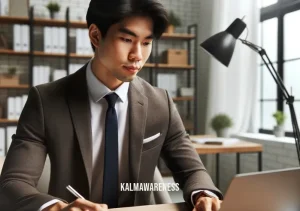 5 senses method shifting _ Image: A productive atmosphere, person confidently working with newfound clarity. Image description: The person now working efficiently at their organized desk, radiating confidence and productivity.