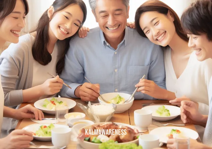 a state of calm _ Image: A smiling family gathered around a table for a harmonious, home-cooked meal. Image description: A heartwarming family moment, savoring food and togetherness.