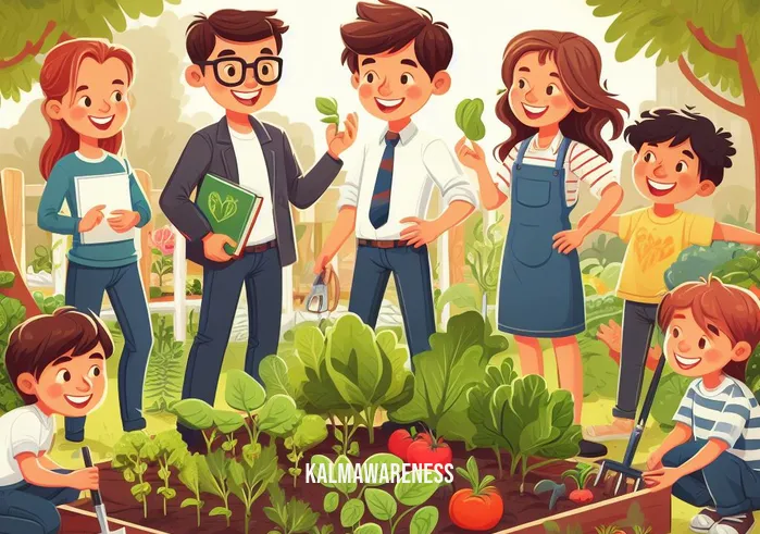 holistic life foundation _ Image: A thriving school garden with students and teachers working together, growing fresh produce, and sharing smiles. Image description: Students and teachers happily tending to a flourishing school garden.