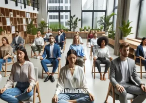 meditation office chair with back _ Image: A group of employees in a rejuvenated office, using meditation chairs, working with improved posture, and appearing happier. Image description: A harmonious office environment where employees work efficiently and comfortably on meditation chairs, promoting well-being and productivity.