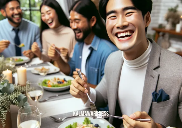 mindfully your cravings _ Image: A person happily savoring a balanced meal at a beautifully set dining table, surrounded by friends, representing the fulfillment of mindful cravings. Image description: A joyful gathering that celebrates the resolution of cravings through mindful choices.