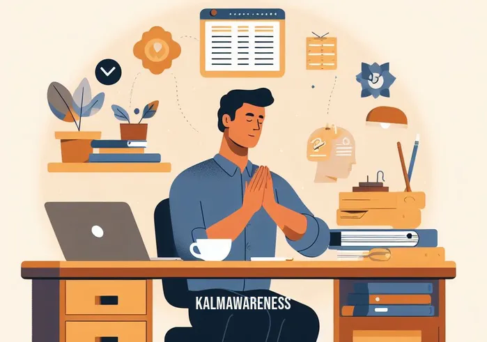 mindful in may _ Image: A person at their now-organized desk, focused and content, efficiently managing their work, having integrated mindfulness.Image description: A tidy desk, a focused individual, and a sense of accomplishment—mindfulness enhancing productivity.