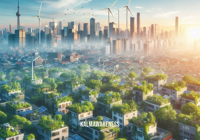 a mindful nation _ Image: A city skyline with lush green rooftops, solar panels, and wind turbines, illustrating a sustainable and mindful approach to urban development.Image description: A cityscape featuring rooftops adorned with greenery, solar panels, and wind turbines, showcasing a sustainable and mindful transformation of urban environments.